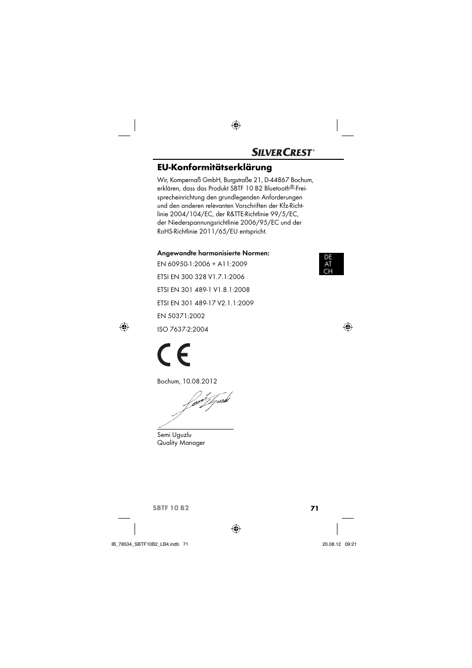 Eu-konformitätserklärung | Silvercrest SBTF 10 B2 User Manual | Page 74 / 75