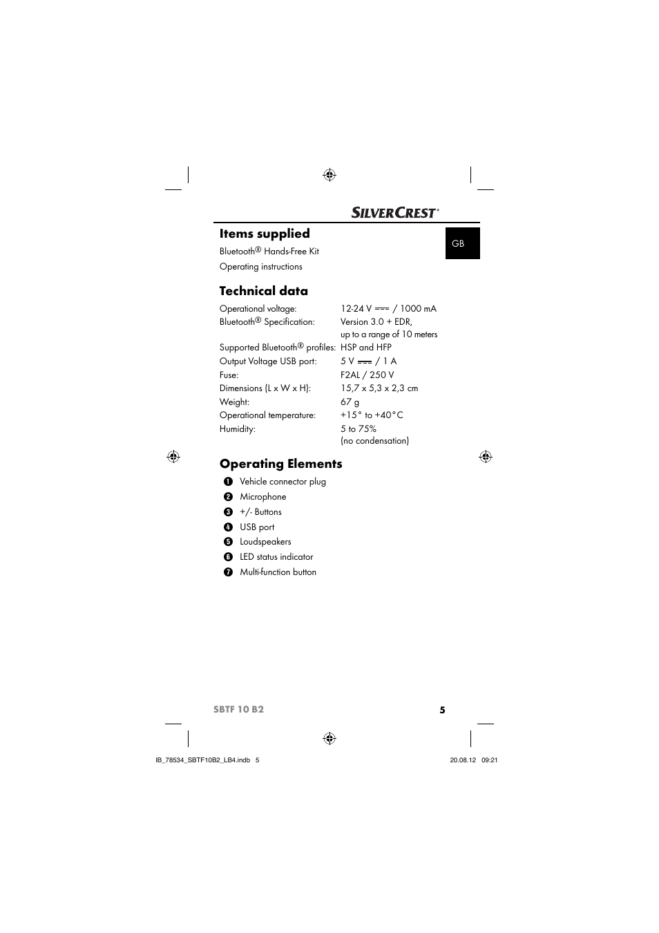 Items supplied, Technical data, Operating elements | Silvercrest SBTF 10 B2 User Manual | Page 8 / 75