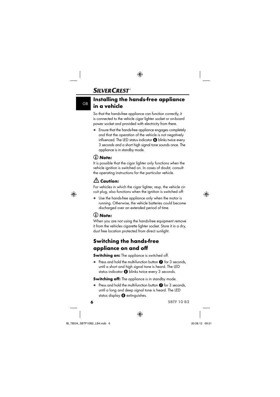 Installing the hands-free appliance in a vehicle, Switching the hands-free appliance on and oﬀ | Silvercrest SBTF 10 B2 User Manual | Page 9 / 75