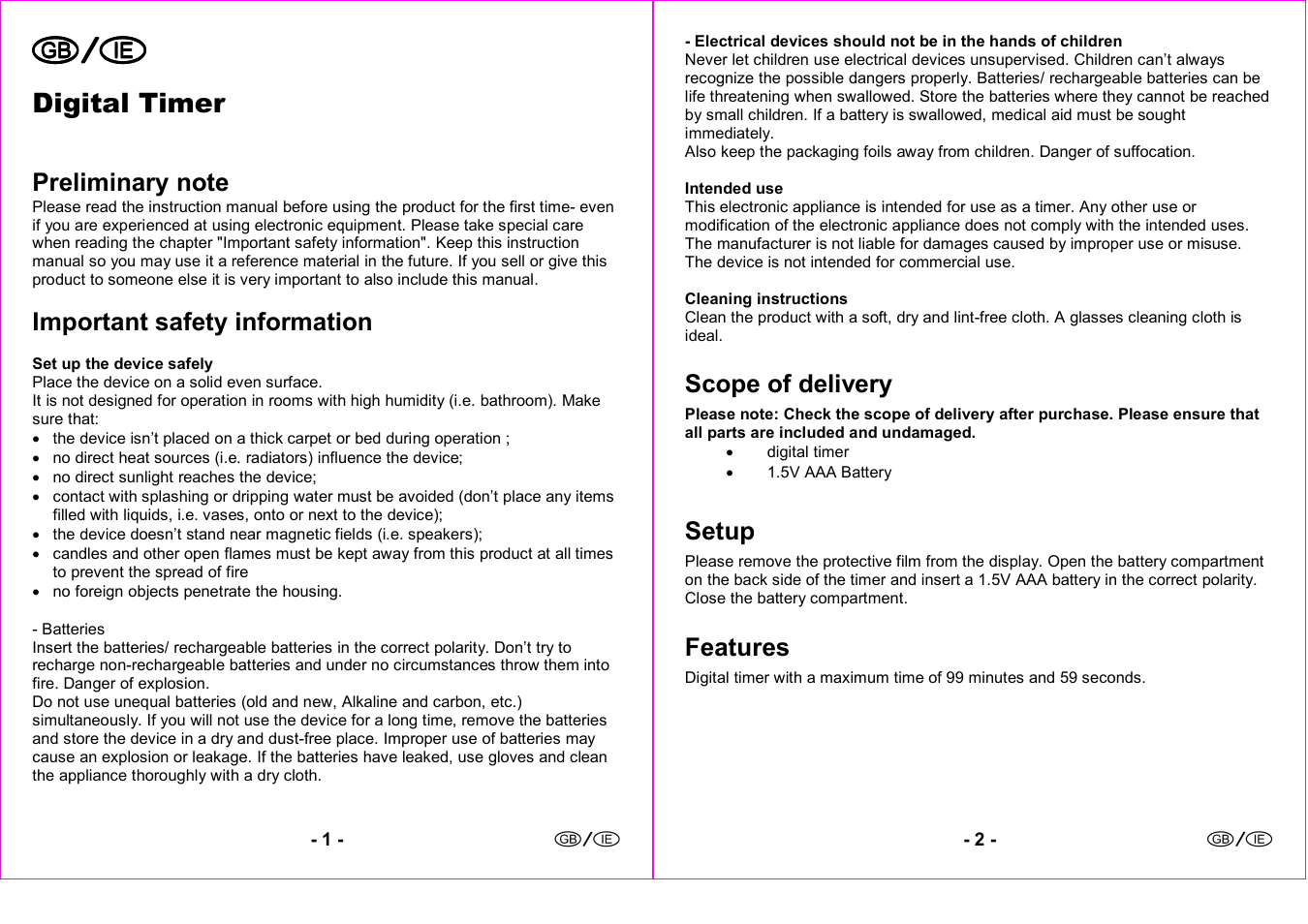 Digital timer, Important safety information, Scope of delivery | Setup, Features | Silvercrest 4-LD3191 User Manual | Page 2 / 8