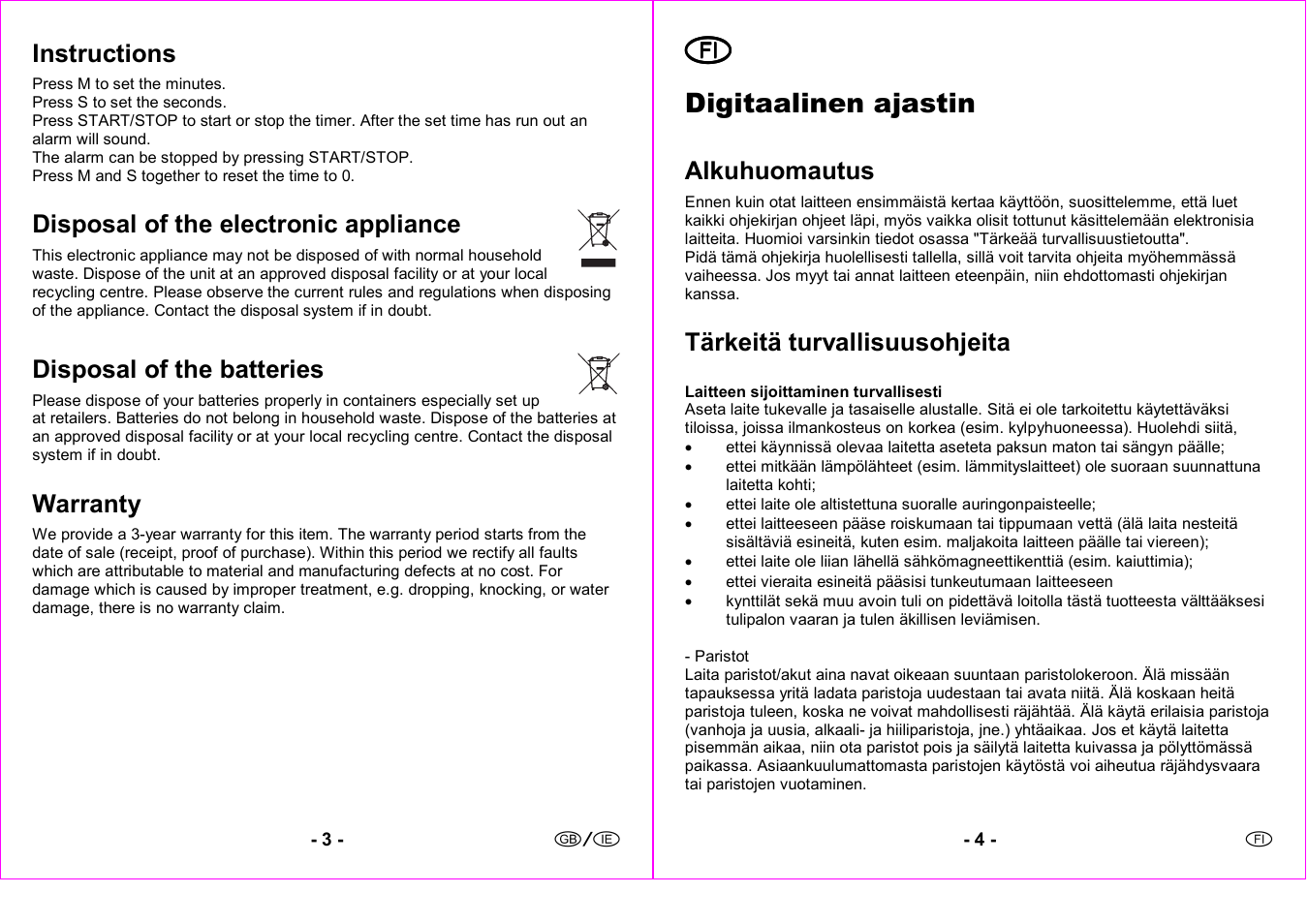 Digitaalinen ajastin, Instructions, Disposal of the electronic appliance | Disposal of the batteries, Warranty, Alkuhuomautus, Tärkeitä turvallisuusohjeita | Silvercrest 4-LD3191 User Manual | Page 3 / 8