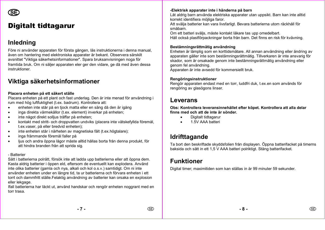 Digitalt tidtagarur, Inledning, Viktiga säkerhetsinformationer | Leverans, Idrifttagande, Funktioner | Silvercrest 4-LD3191 User Manual | Page 5 / 8