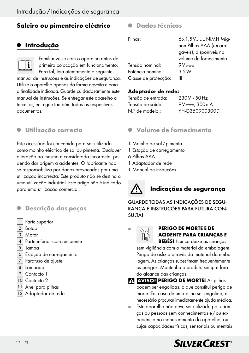 Introdução / indicações de segurança, Saleiro ou pimenteiro eléctrico, Introdução | Utilização correcta, Descrição das peças, Dados técnicos, Volume de fornecimento, Indicações de segurança | Silvercrest Z30342 User Manual | Page 12 / 24