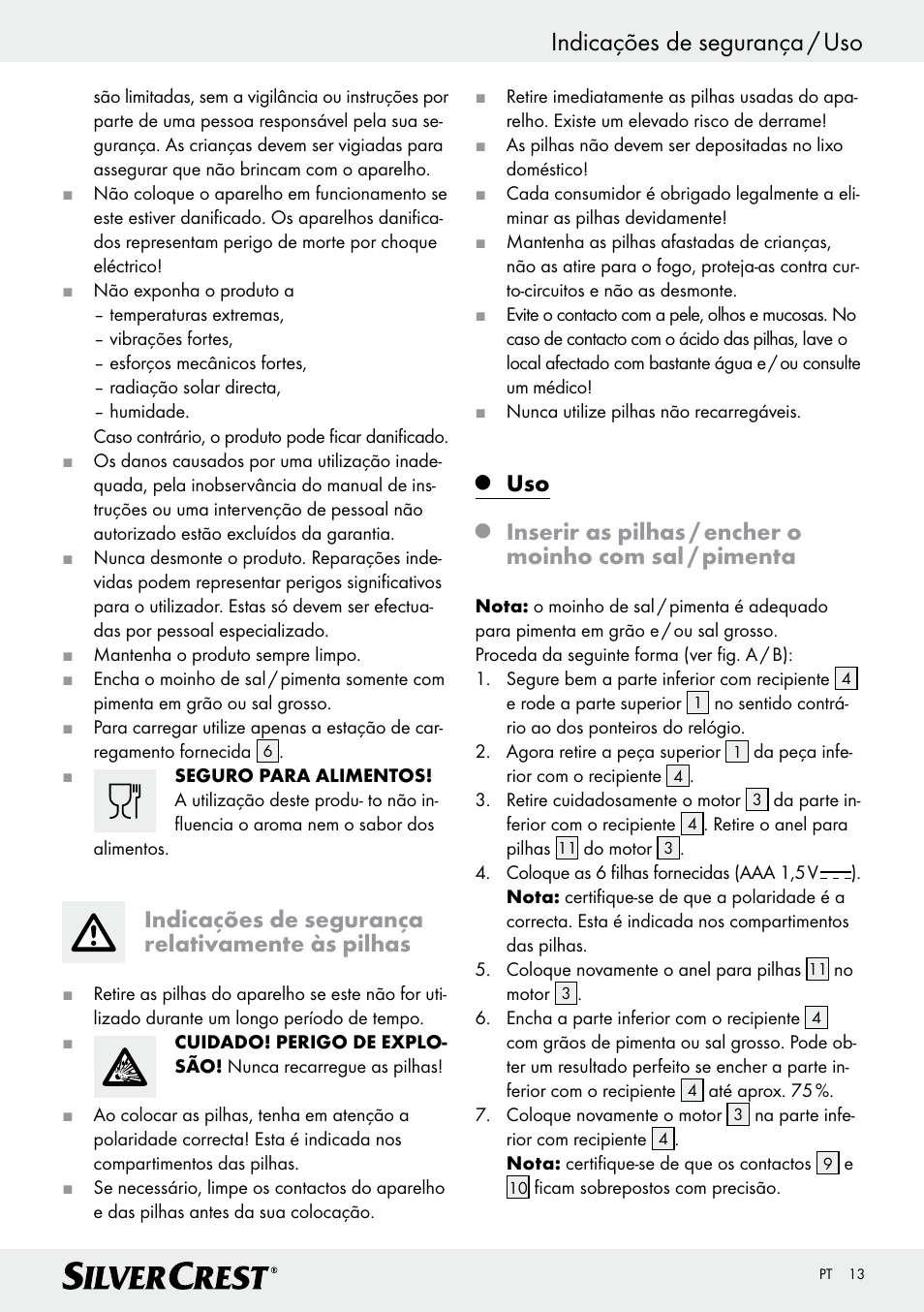 Indicações de segurança / uso, Indicações de segurança relativamente às pilhas | Silvercrest Z30342 User Manual | Page 13 / 24