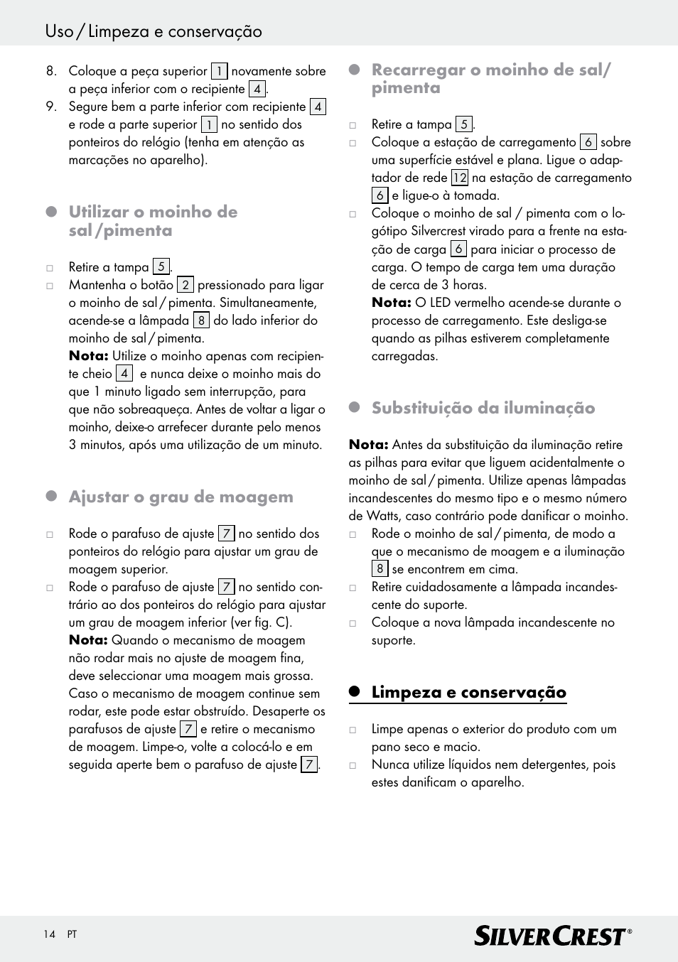 Uso / limpeza e conservação, Utilizar o moinho de sal /pimenta, Ajustar o grau de moagem | Recarregar o moinho de sal/ pimenta, Substituição da iluminação, Limpeza e conservação | Silvercrest Z30342 User Manual | Page 14 / 24