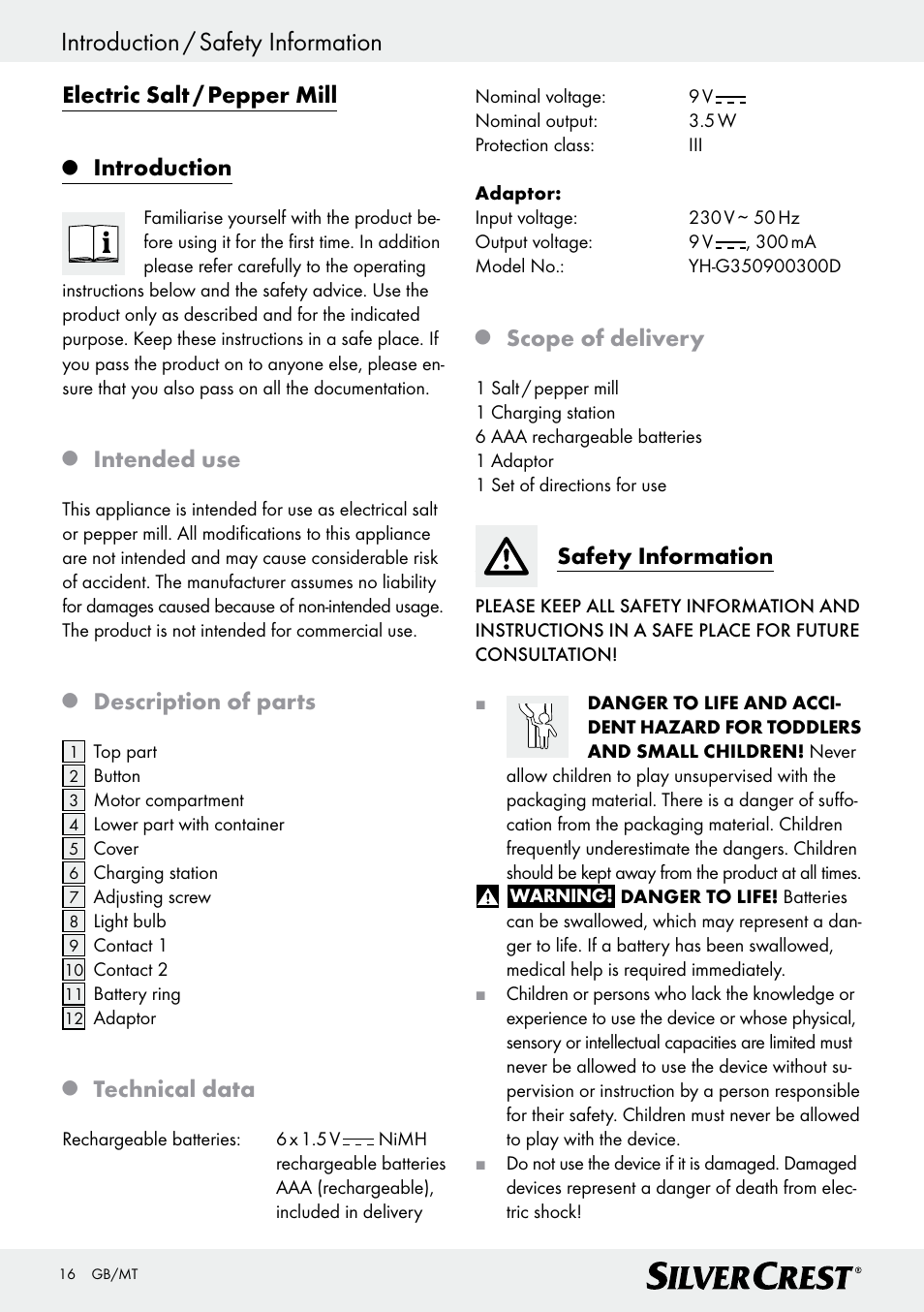 Introduction / safety information, Electric salt / pepper mill, Introduction | Intended use, Description of parts, Technical data, Scope of delivery, Safety information | Silvercrest Z30342 User Manual | Page 16 / 24