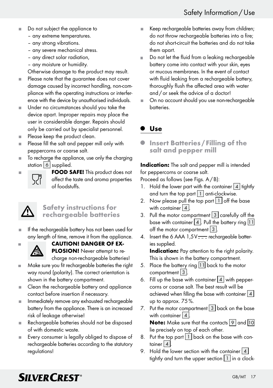 Safety information / use, Safety instructions for rechargeable batteries | Silvercrest Z30342 User Manual | Page 17 / 24