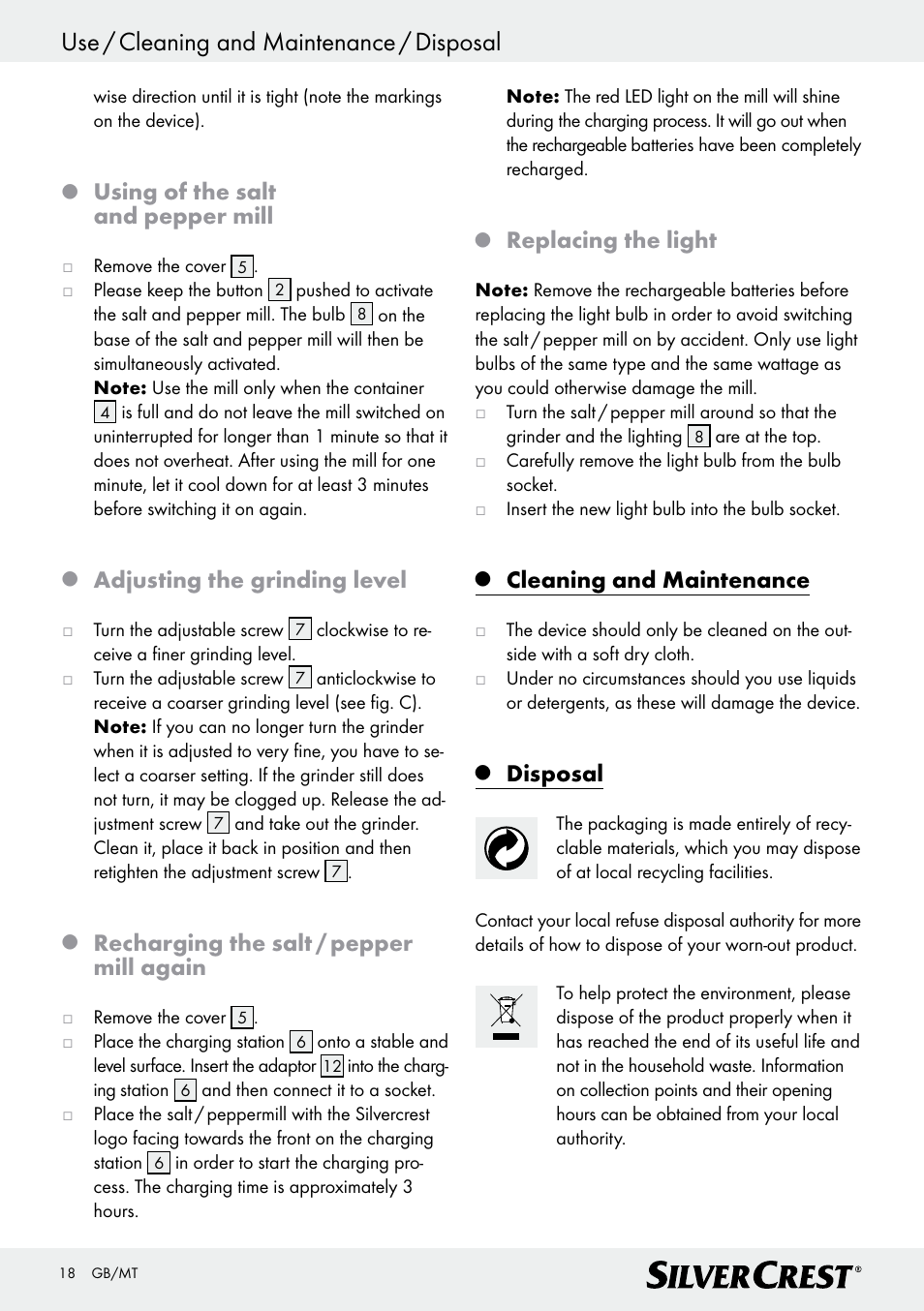 Use / cleaning and maintenance / disposal, Using of the salt and pepper mill, Adjusting the grinding level | Recharging the salt / pepper mill again, Replacing the light, Cleaning and maintenance, Disposal | Silvercrest Z30342 User Manual | Page 18 / 24