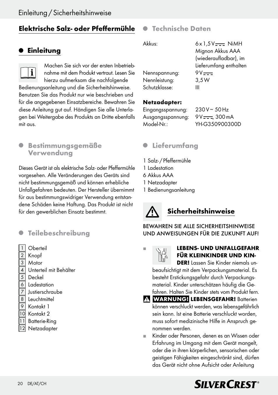 Einleitung / sicherheitshinweise, Elektrische salz- oder pfeffermühle, Einleitung | Bestimmungsgemäße verwendung, Teilebeschreibung, Technische daten, Lieferumfang, Sicherheitshinweise | Silvercrest Z30342 User Manual | Page 20 / 24