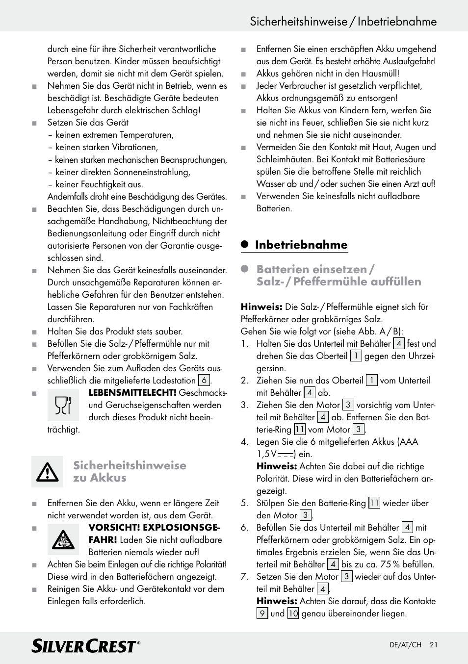 Sicherheitshinweise / inbetriebnahme, Sicherheitshinweise zu akkus, Inbetriebnahme | Silvercrest Z30342 User Manual | Page 21 / 24