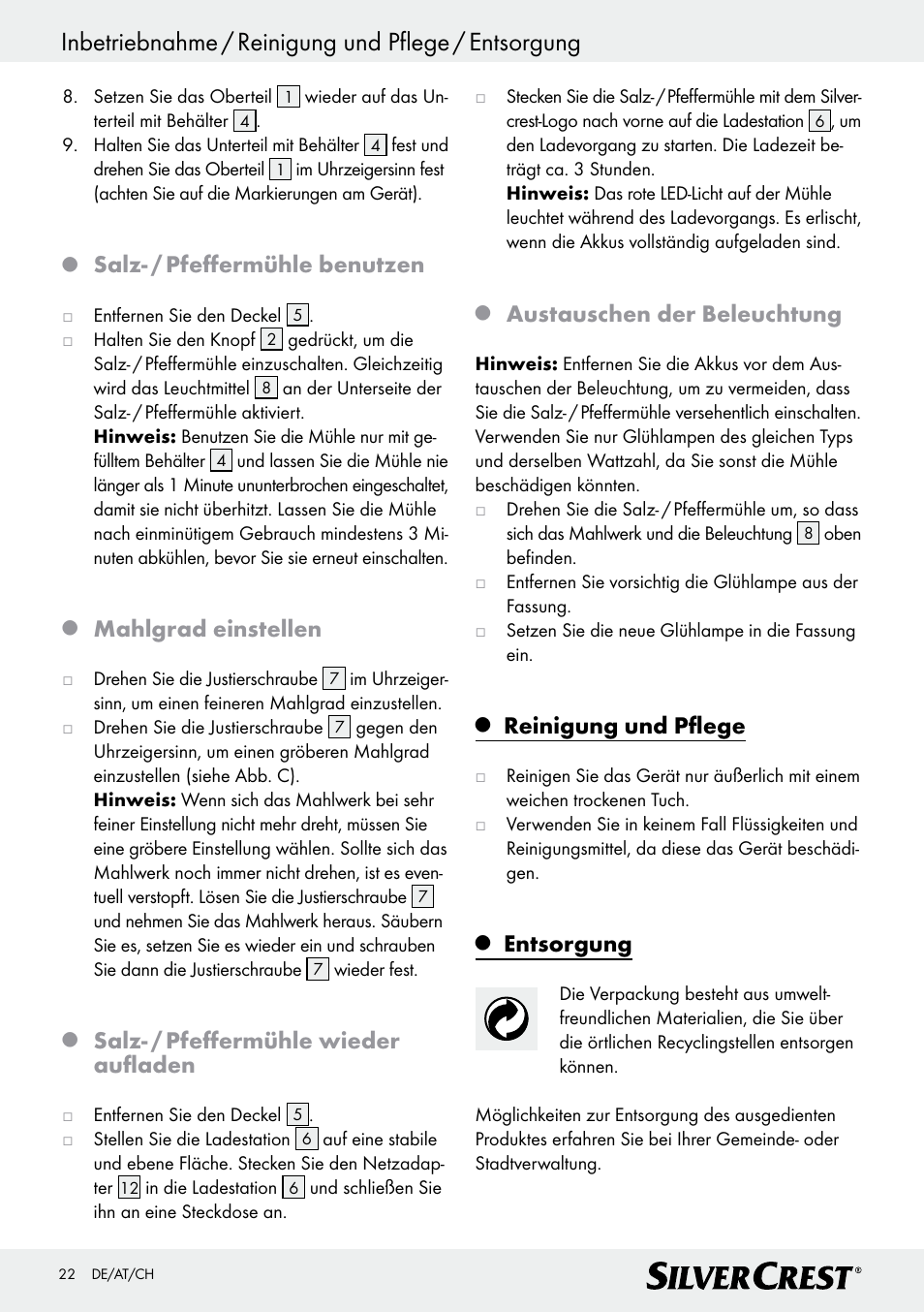 Inbetriebnahme / reinigung und pflege / entsorgung, Salz- / pfeffermühle benutzen, Mahlgrad einstellen | Salz- / pfeffermühle wieder aufladen, Austauschen der beleuchtung, Reinigung und pflege, Entsorgung | Silvercrest Z30342 User Manual | Page 22 / 24