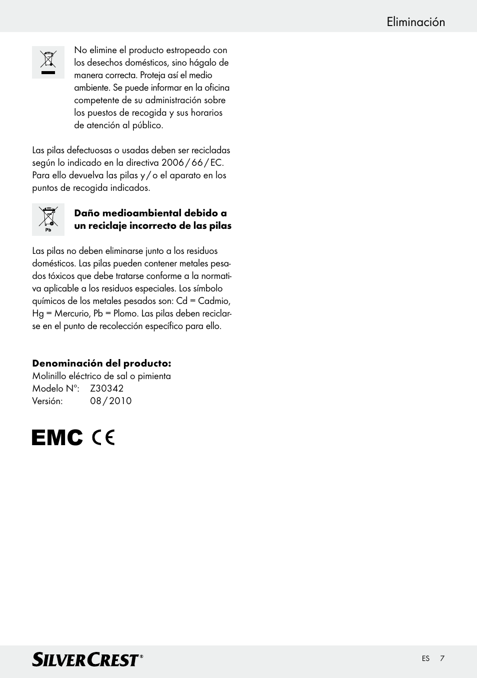 Eliminación | Silvercrest Z30342 User Manual | Page 7 / 24