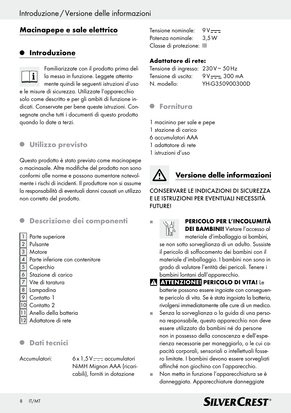 Introduzione / versione delle informazioni, Macinapepe e sale elettrico, Introduzione | Utilizzo previsto, Descrizione dei componenti, Dati tecnici, Fornitura, Versione delle informazioni | Silvercrest Z30342 User Manual | Page 8 / 24