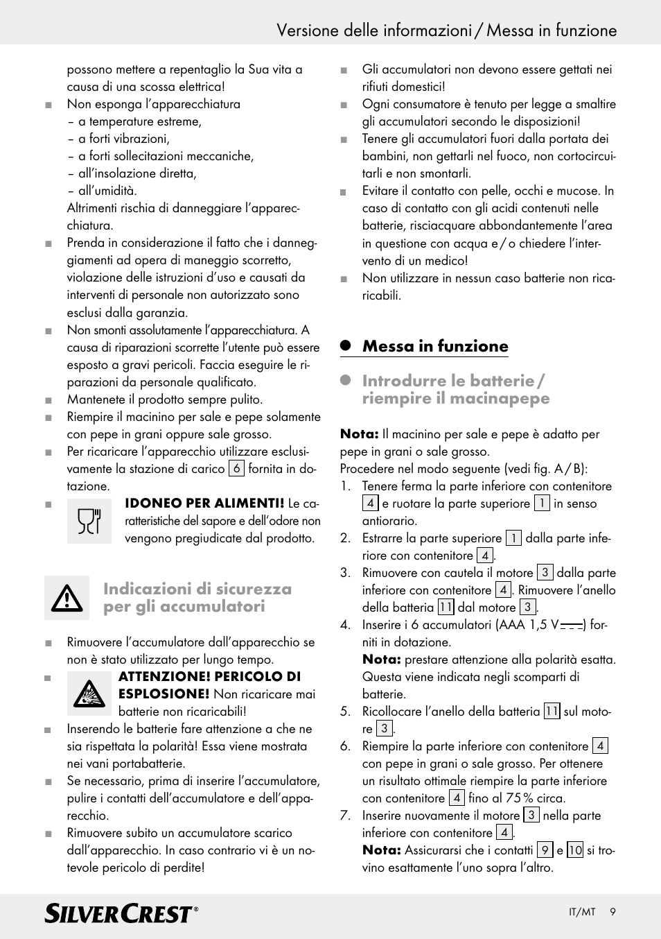 Versione delle informazioni / messa in funzione, Indicazioni di sicurezza per gli accumulatori, Messa in funzione | Introdurre le batterie / riempire il macinapepe | Silvercrest Z30342 User Manual | Page 9 / 24