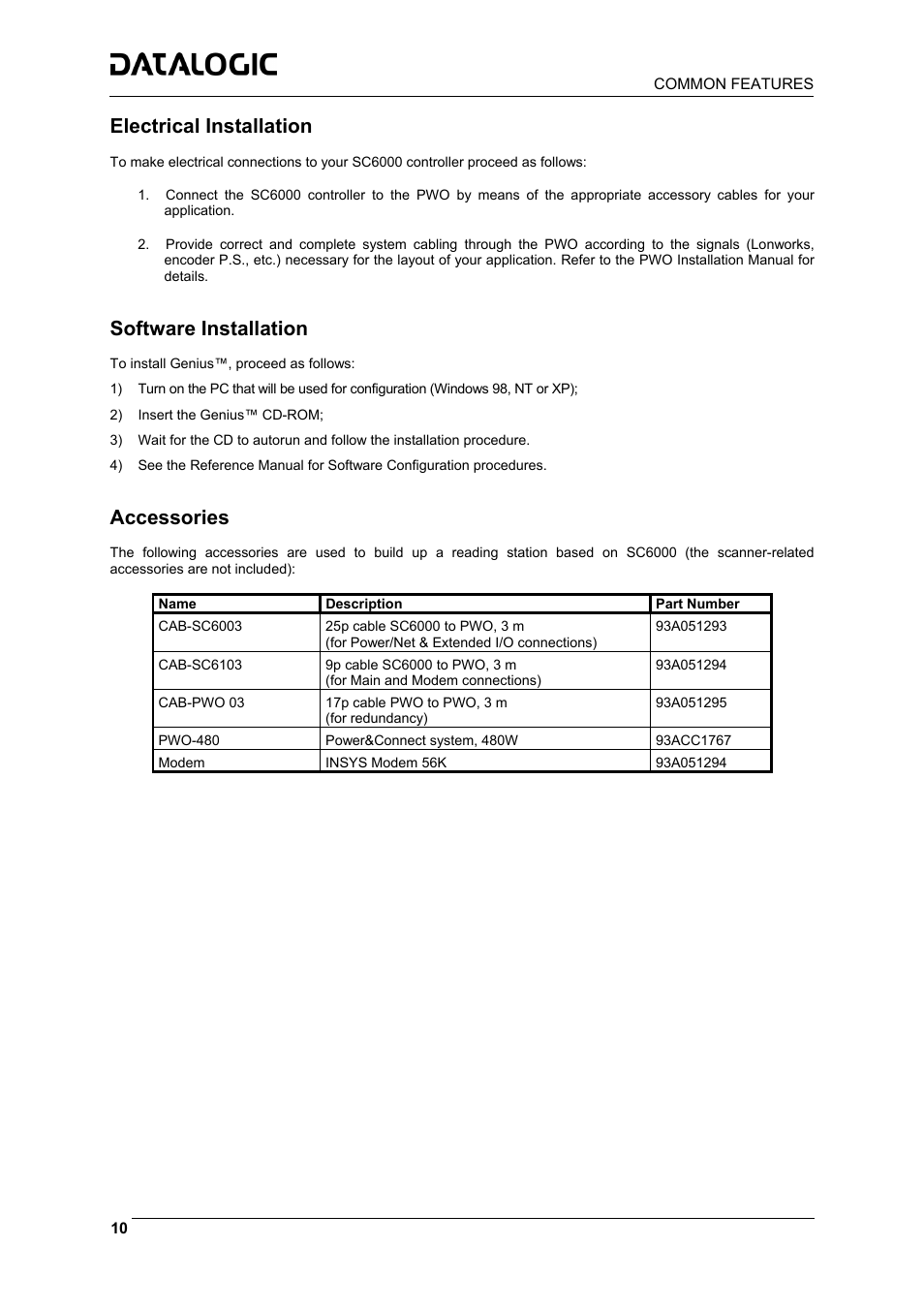 Electrical installation, Software installation, Accessories | Datalogic Scanning Controller SC6000 User Manual | Page 12 / 19