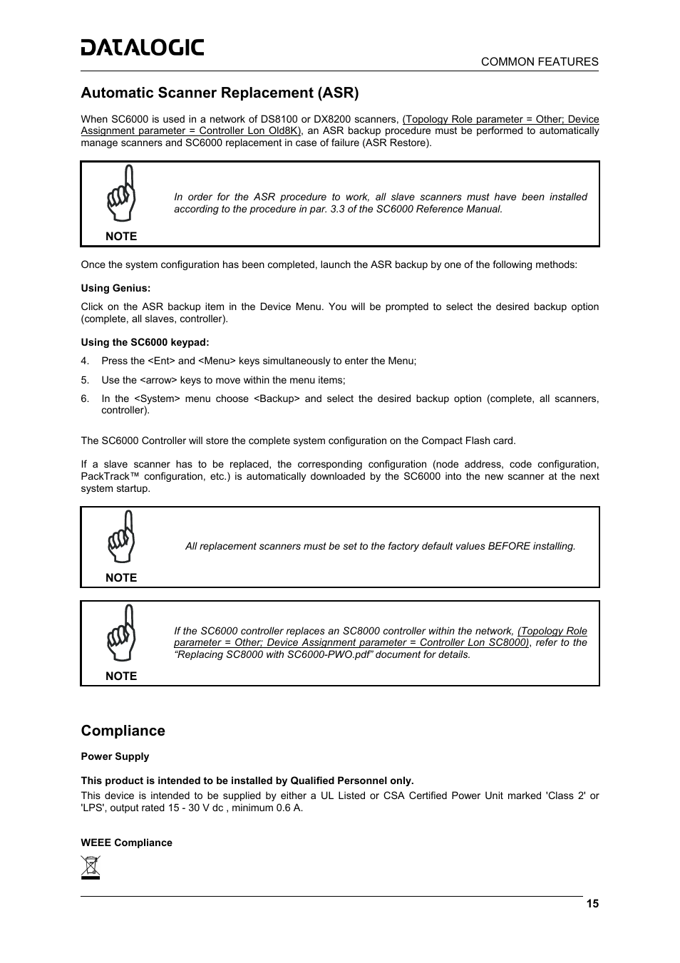Automatic scanner replacement (asr), Compliance | Datalogic Scanning Controller SC6000 User Manual | Page 17 / 19