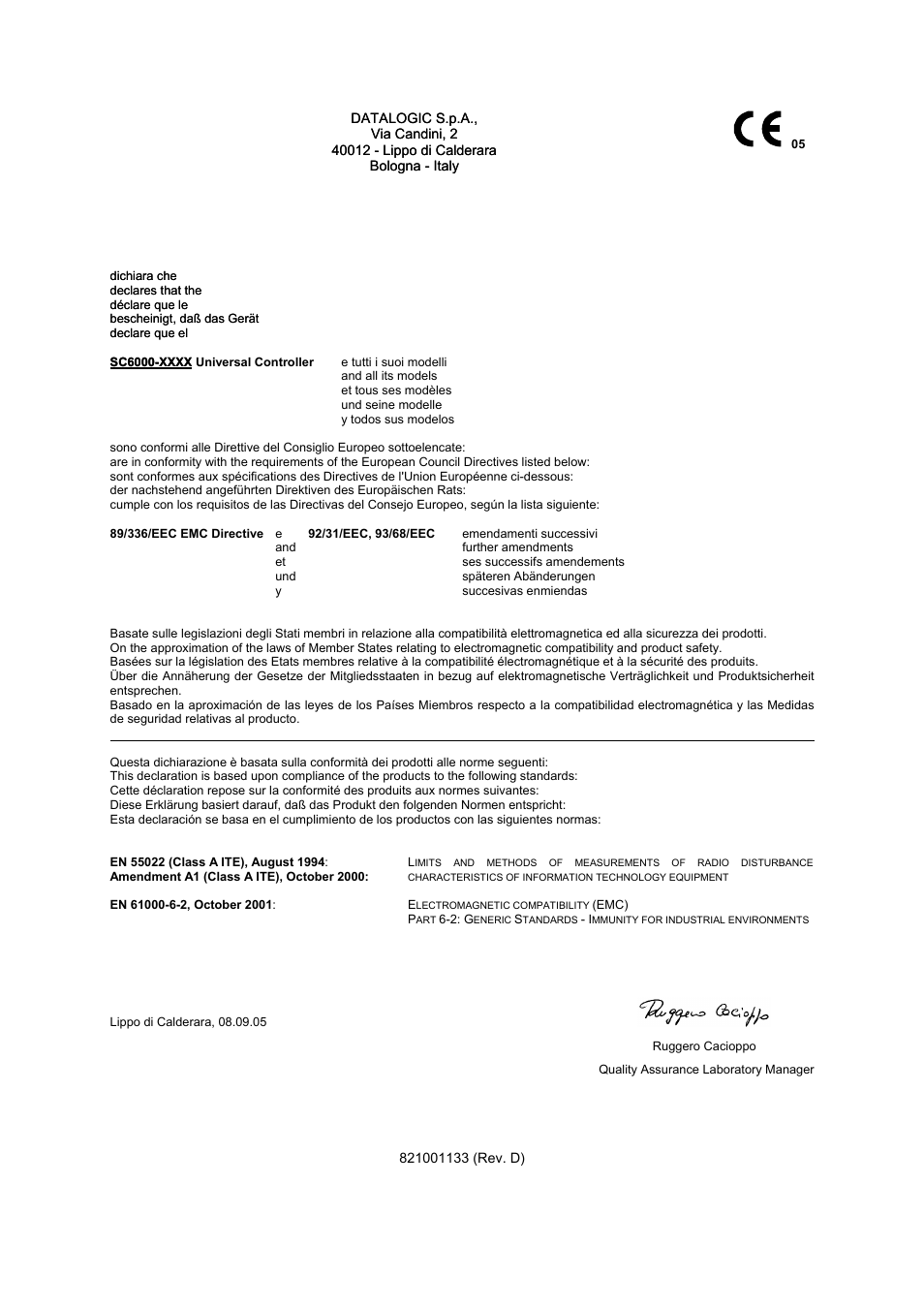 Declaration of conformity | Datalogic Scanning Controller SC6000 User Manual | Page 19 / 19