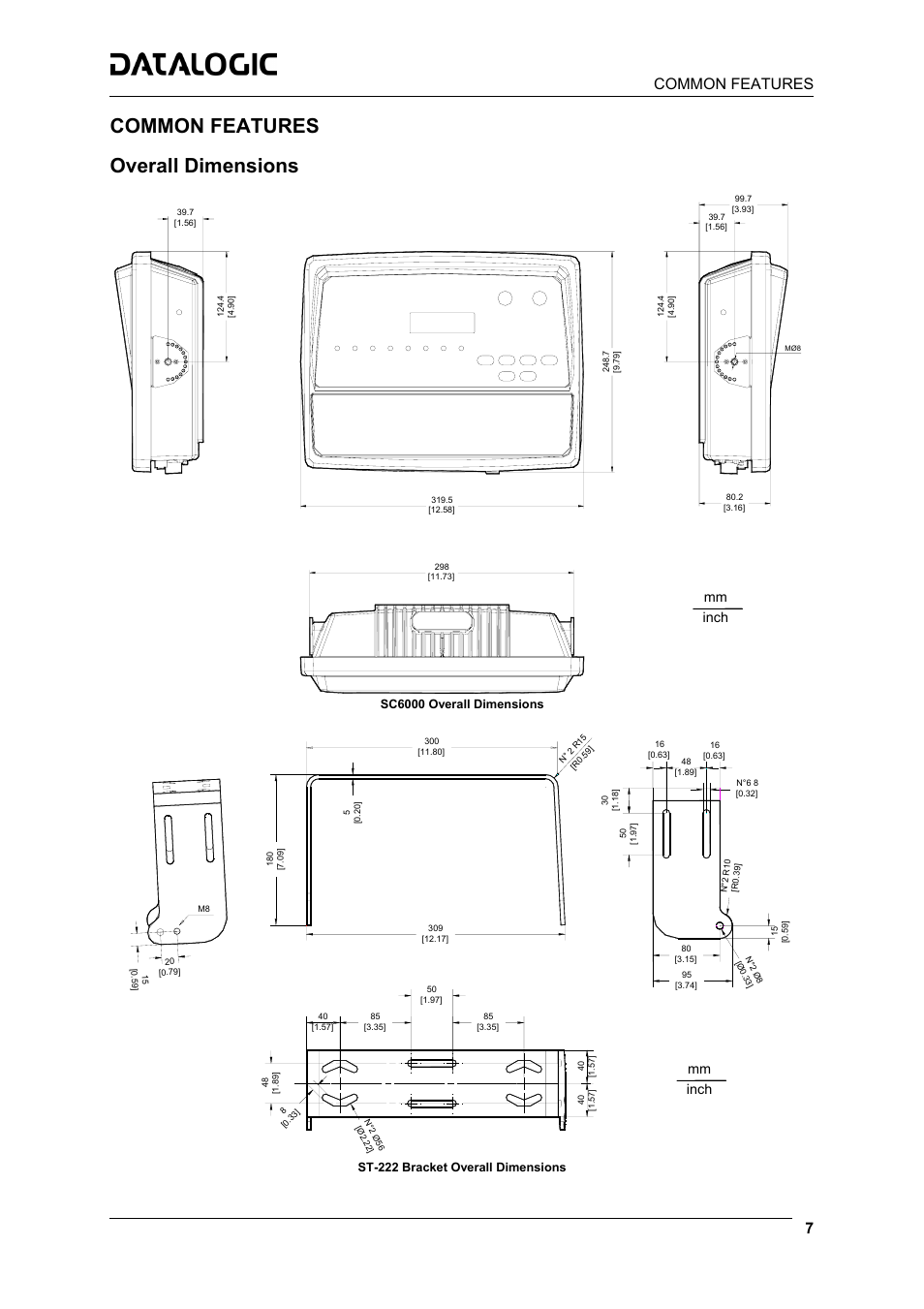 Common features, Overall dimensions, Mm inch | Datalogic Scanning Controller SC6000 User Manual | Page 9 / 19
