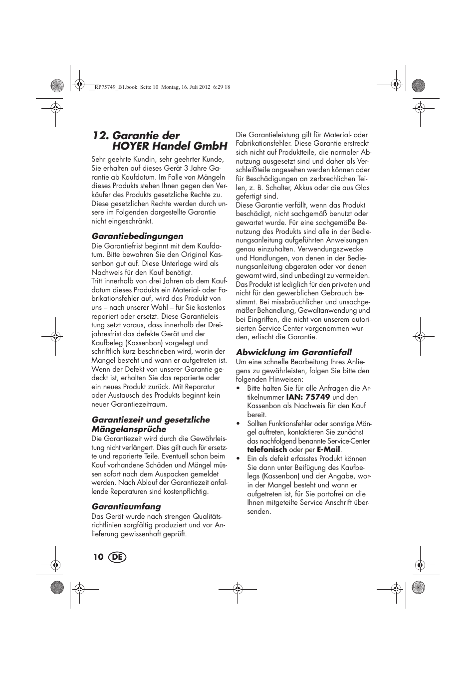 Garantie der hoyerhandel gmbh | Silvercrest SFE 1500 A1 User Manual | Page 12 / 54