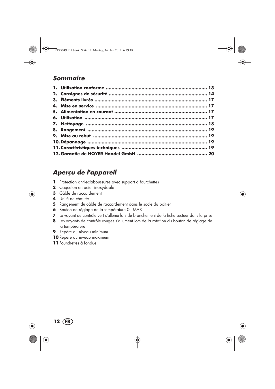 Sommaire, Aperçu de l'appareil | Silvercrest SFE 1500 A1 User Manual | Page 14 / 54