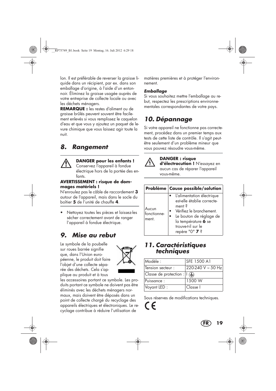 Rangement, Mise au rebut, Dépannage | Caractéristiques techniques | Silvercrest SFE 1500 A1 User Manual | Page 21 / 54