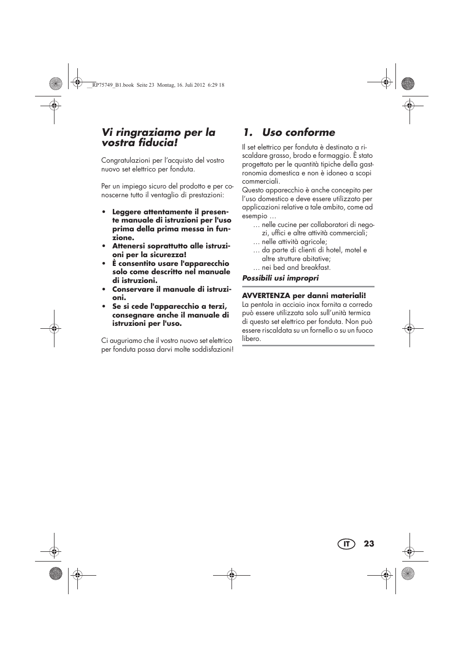 Vi ringraziamo per la vostra fiducia, Uso conforme | Silvercrest SFE 1500 A1 User Manual | Page 25 / 54