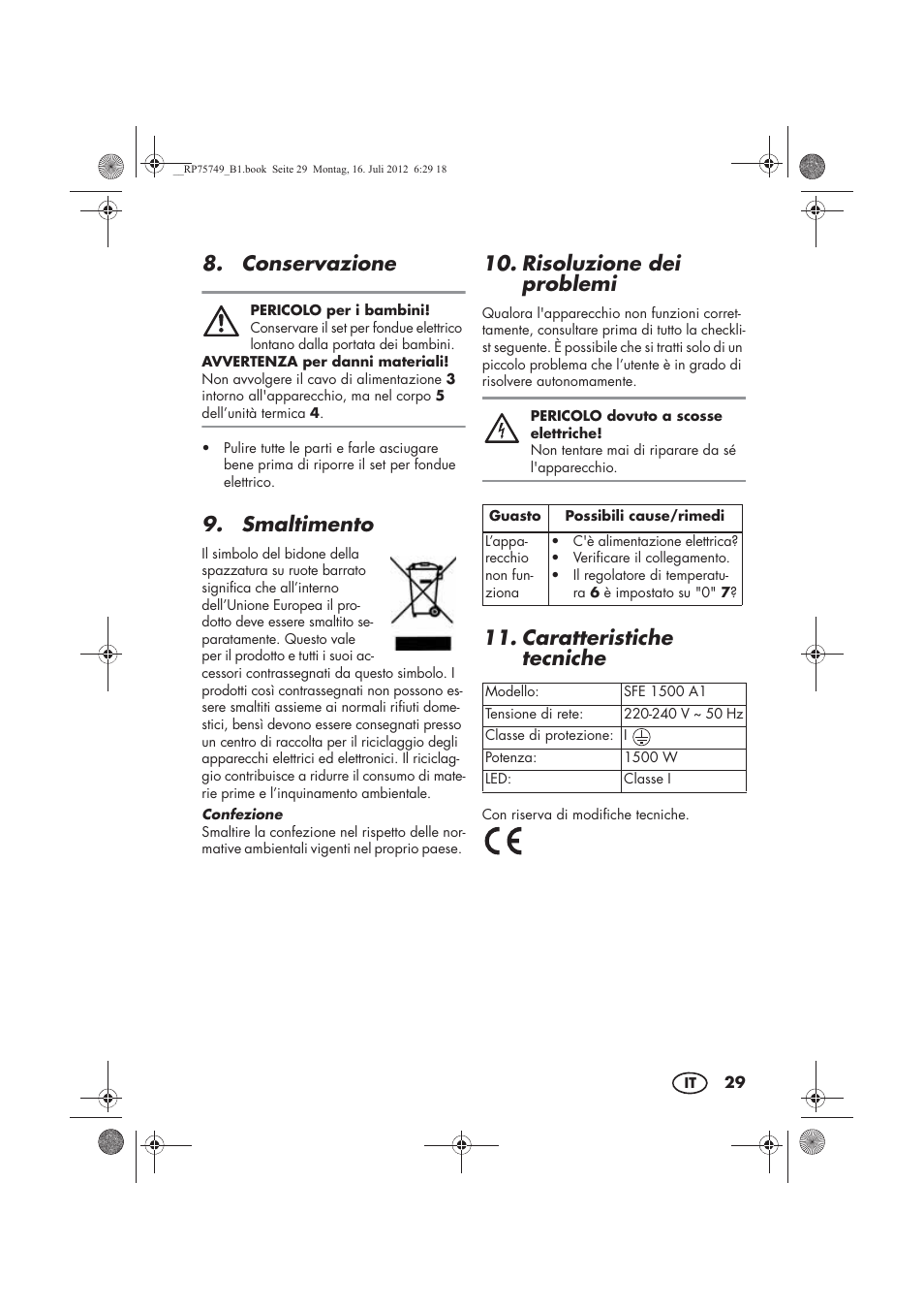 Conservazione, Smaltimento, Risoluzione dei problemi | Caratteristiche tecniche | Silvercrest SFE 1500 A1 User Manual | Page 31 / 54