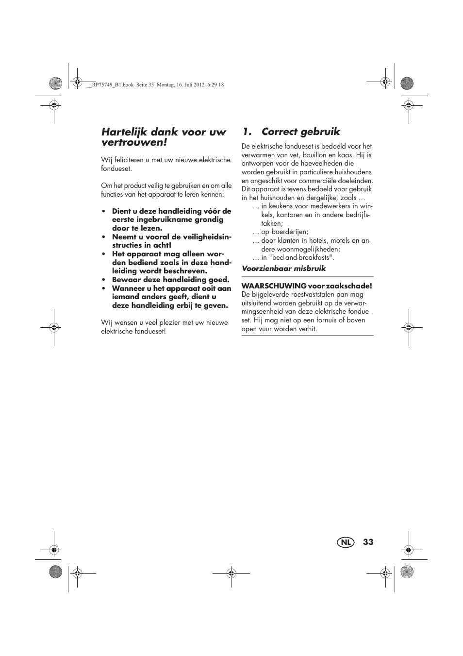 Hartelijk dank voor uw vertrouwen, Correct gebruik | Silvercrest SFE 1500 A1 User Manual | Page 35 / 54