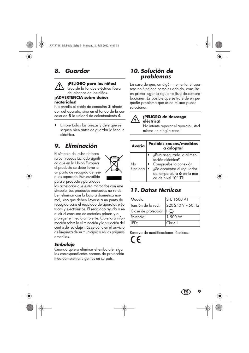 Guardar, Eliminación, Solución de problemas | Datos técnicos | Silvercrest SFE 1500 A1 User Manual | Page 11 / 54