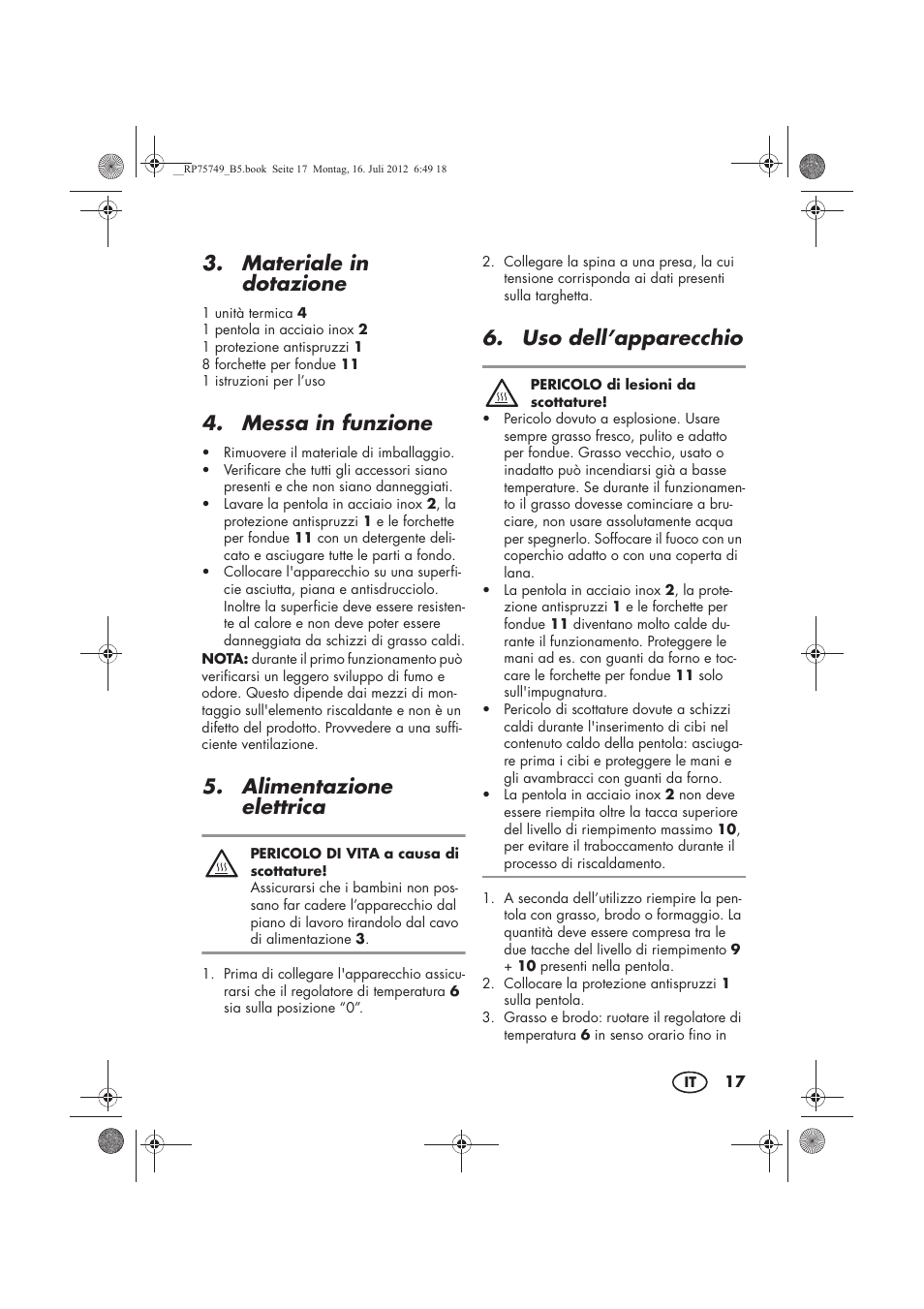 Materiale in dotazione, Messa in funzione, Alimentazione elettrica | Uso dell’apparecchio | Silvercrest SFE 1500 A1 User Manual | Page 19 / 54
