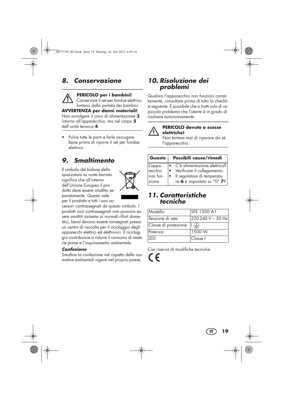 Conservazione, Smaltimento, Risoluzione dei problemi | Caratteristiche tecniche | Silvercrest SFE 1500 A1 User Manual | Page 21 / 54