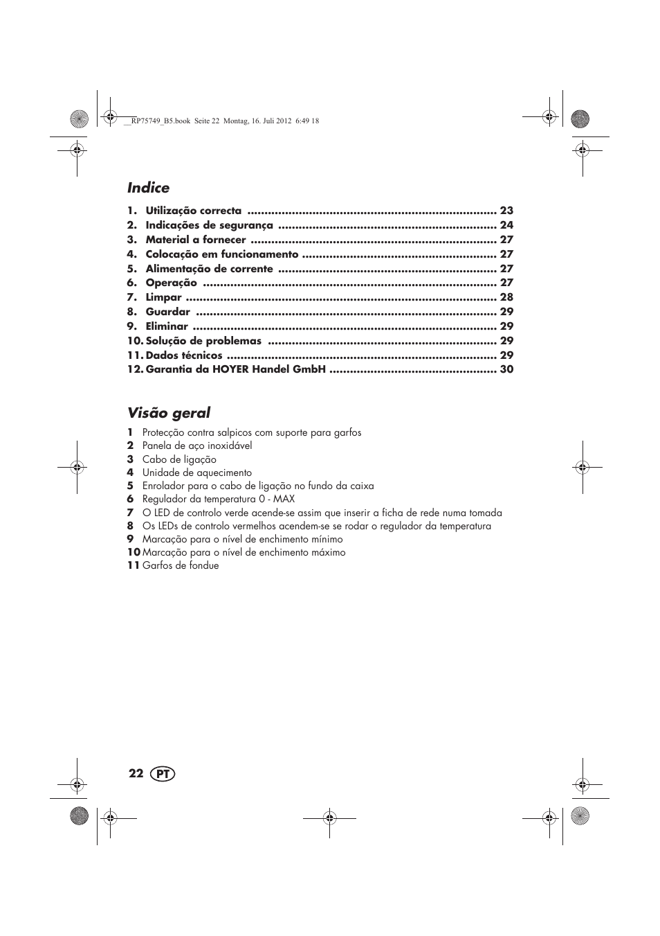 Indice, Visão geral | Silvercrest SFE 1500 A1 User Manual | Page 24 / 54