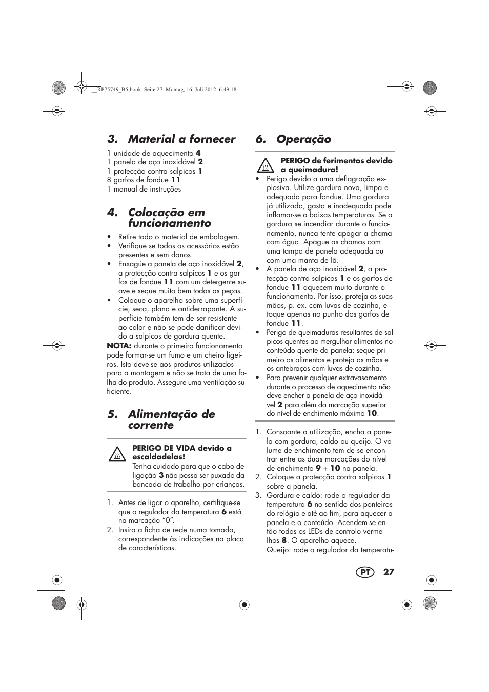 Material a fornecer, Colocação em funcionamento, Alimentação de corrente | Operação | Silvercrest SFE 1500 A1 User Manual | Page 29 / 54