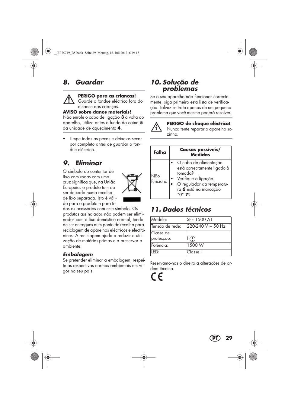 Guardar, Eliminar, Solução de problemas | Dados técnicos | Silvercrest SFE 1500 A1 User Manual | Page 31 / 54