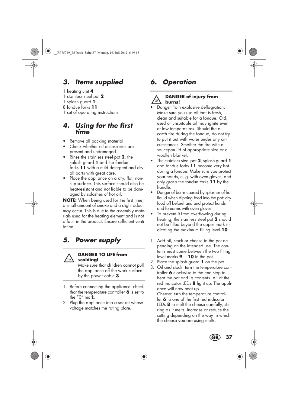 Items supplied, Using for the first time, Power supply | Operation | Silvercrest SFE 1500 A1 User Manual | Page 39 / 54