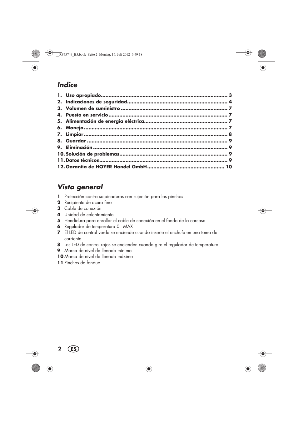 Indice, Vista general | Silvercrest SFE 1500 A1 User Manual | Page 4 / 54