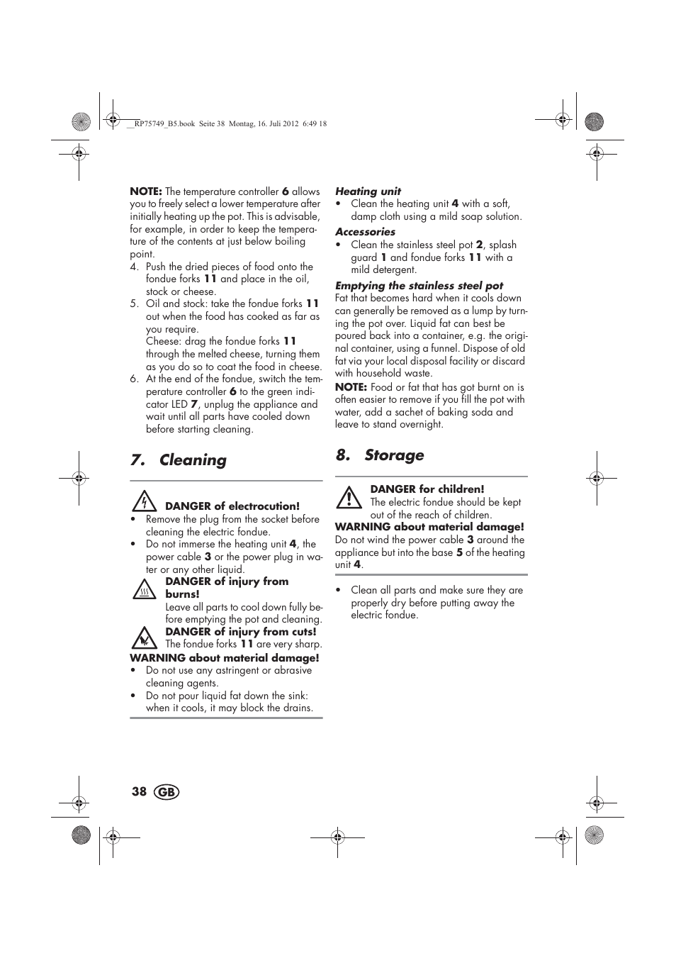 Cleaning, Storage | Silvercrest SFE 1500 A1 User Manual | Page 40 / 54