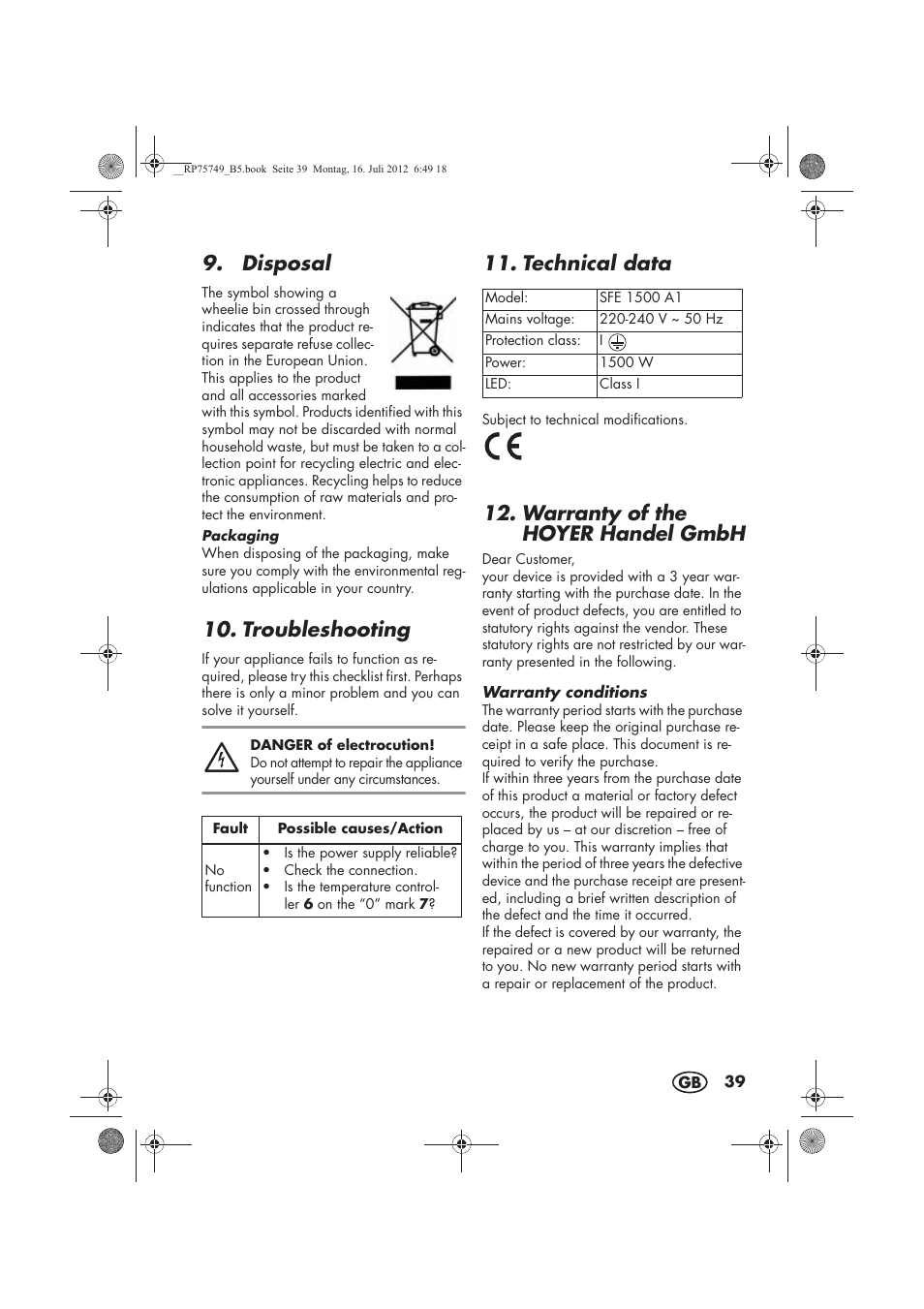 Disposal, Troubleshooting, Technical data | Warranty of the hoyer handel gmbh | Silvercrest SFE 1500 A1 User Manual | Page 41 / 54