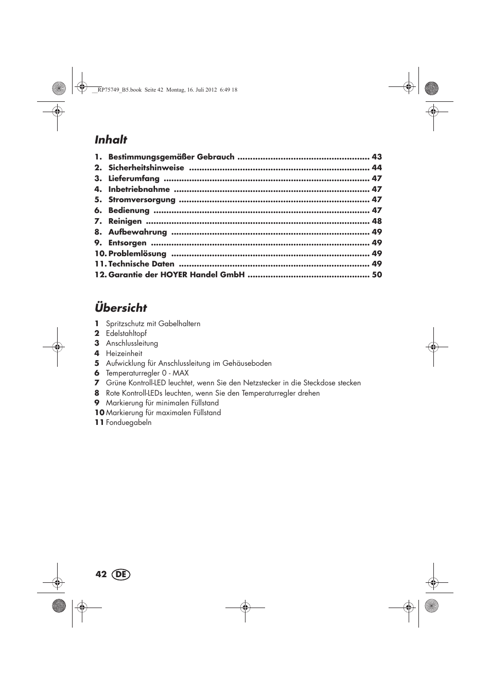 Inhalt, Übersicht | Silvercrest SFE 1500 A1 User Manual | Page 44 / 54