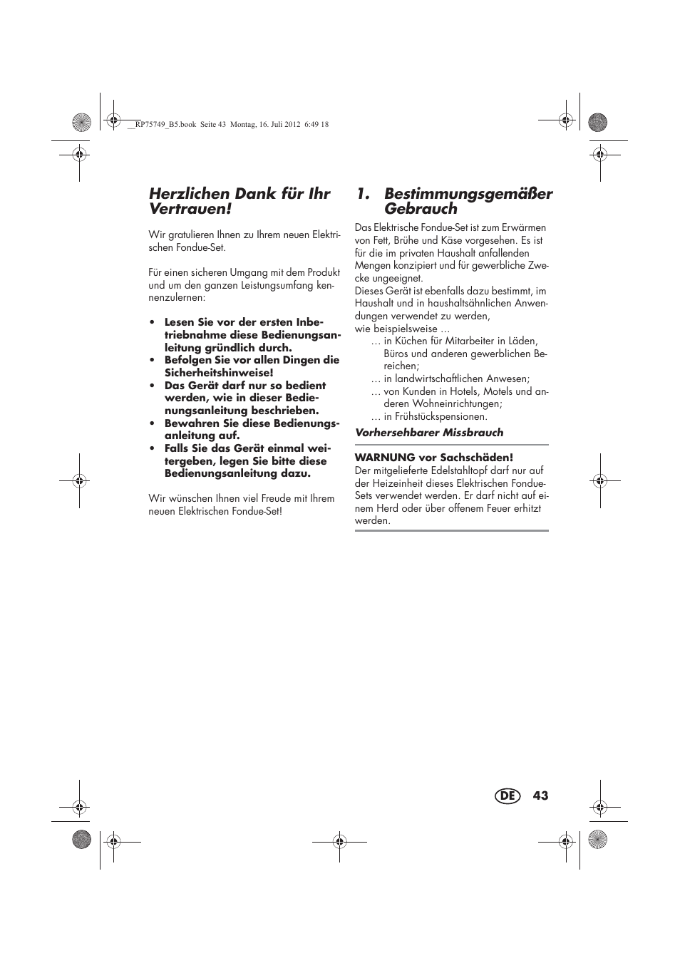 Herzlichen dank für ihr vertrauen, Bestimmungsgemäßer gebrauch | Silvercrest SFE 1500 A1 User Manual | Page 45 / 54