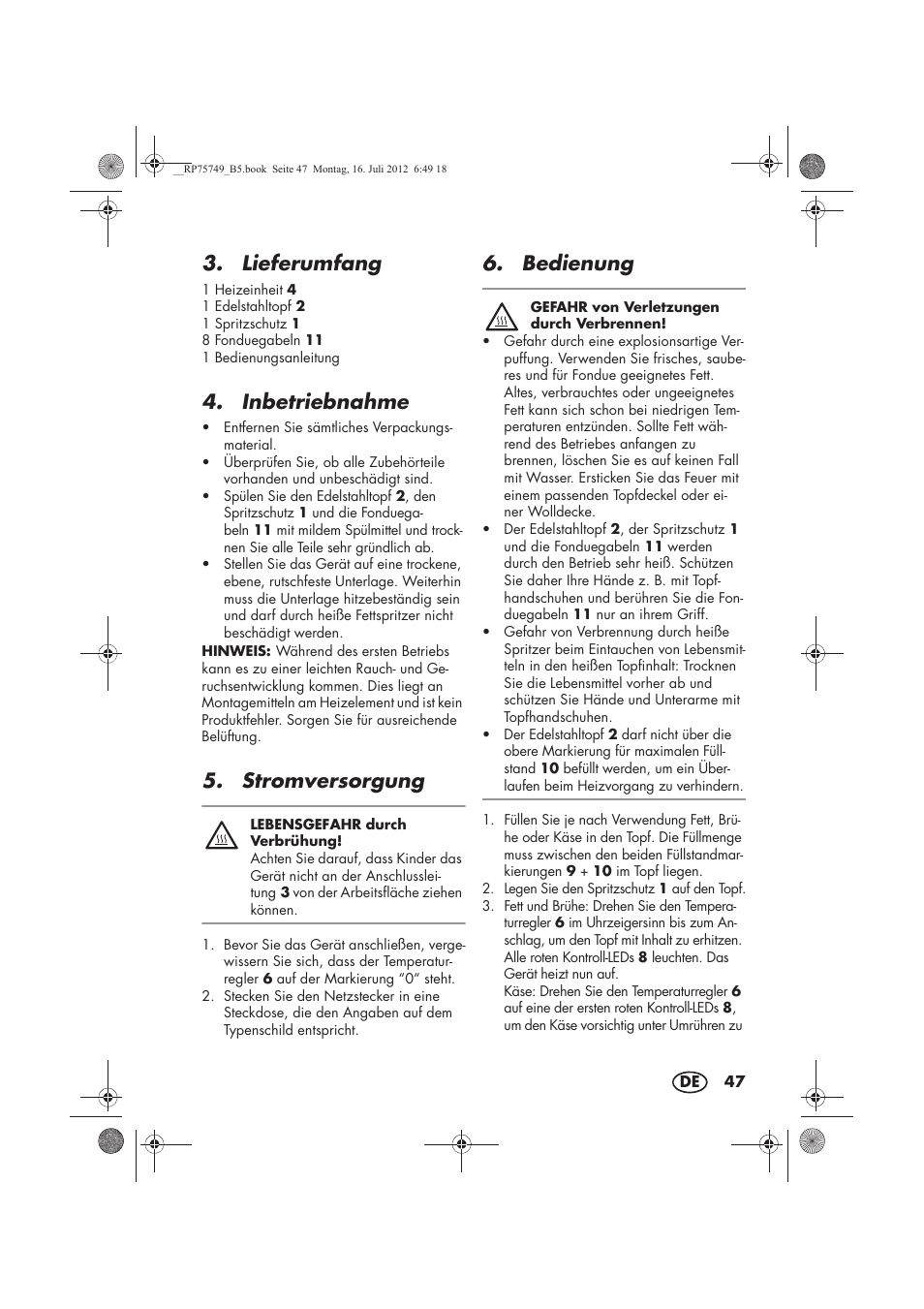 Lieferumfang, Inbetriebnahme, Stromversorgung | Bedienung | Silvercrest SFE 1500 A1 User Manual | Page 49 / 54