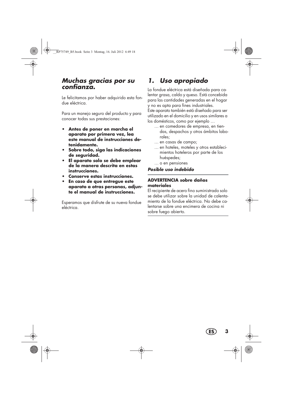 Muchas gracias por su confianza, Uso apropiado | Silvercrest SFE 1500 A1 User Manual | Page 5 / 54