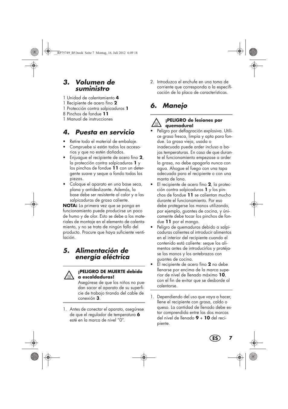 Volumen de suministro, Puesta en servicio, Alimentación de energía eléctrica | Manejo | Silvercrest SFE 1500 A1 User Manual | Page 9 / 54