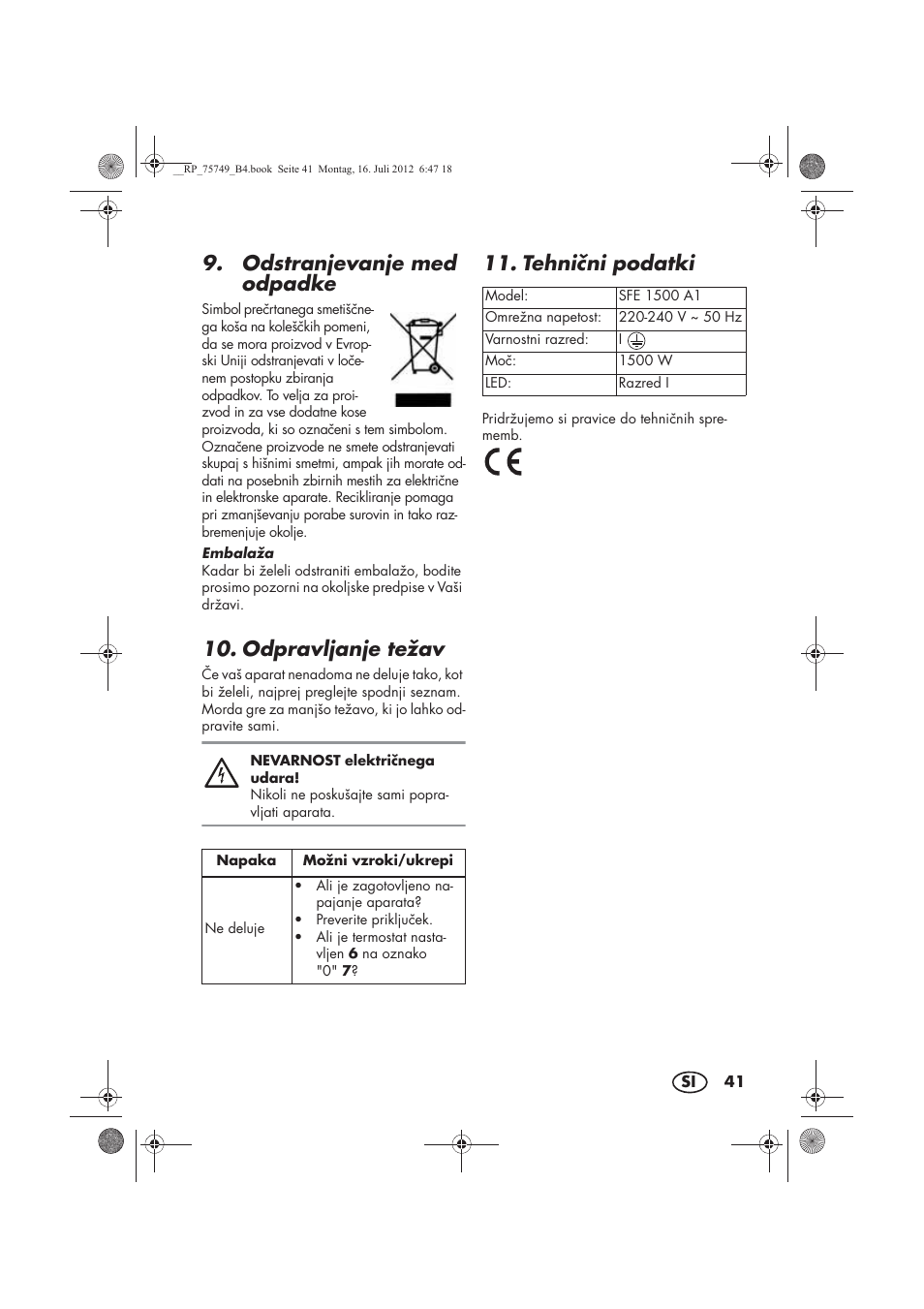 Odstranjevanje med odpadke, Odpravljanje težav, Tehnini podatki | Silvercrest SFE 1500 A1 User Manual | Page 43 / 78