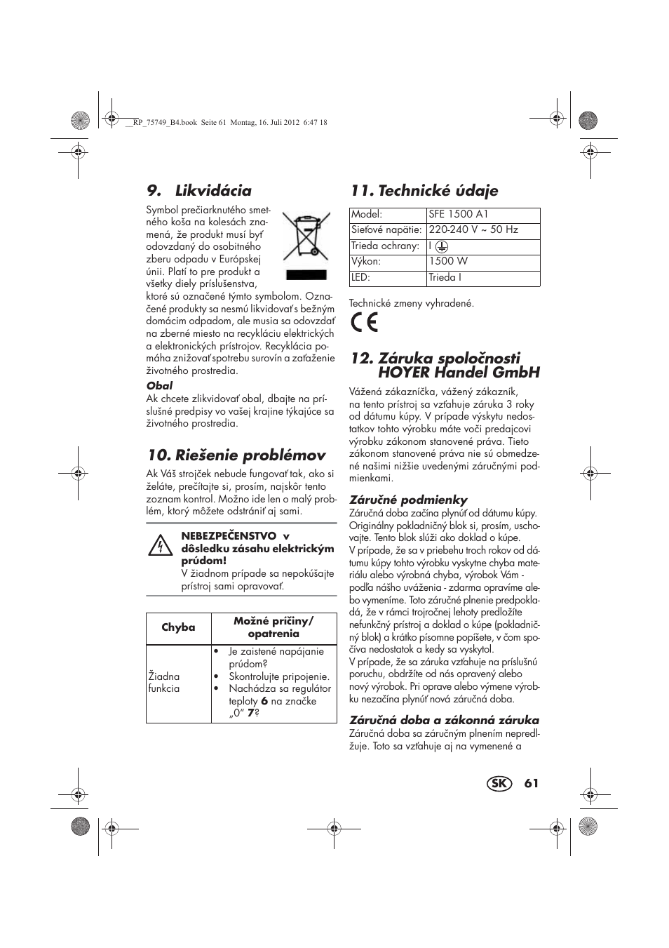 Likvidácia, Riešenie problémov, Technické údaje | Záruka spolonosti hoyer handel gmbh | Silvercrest SFE 1500 A1 User Manual | Page 63 / 78