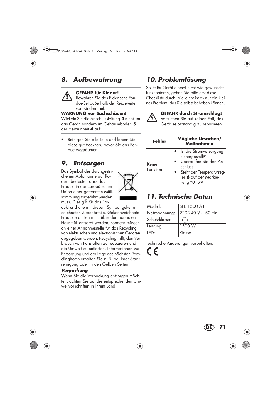 Aufbewahrung, Entsorgen, Problemlösung | Technische daten | Silvercrest SFE 1500 A1 User Manual | Page 73 / 78