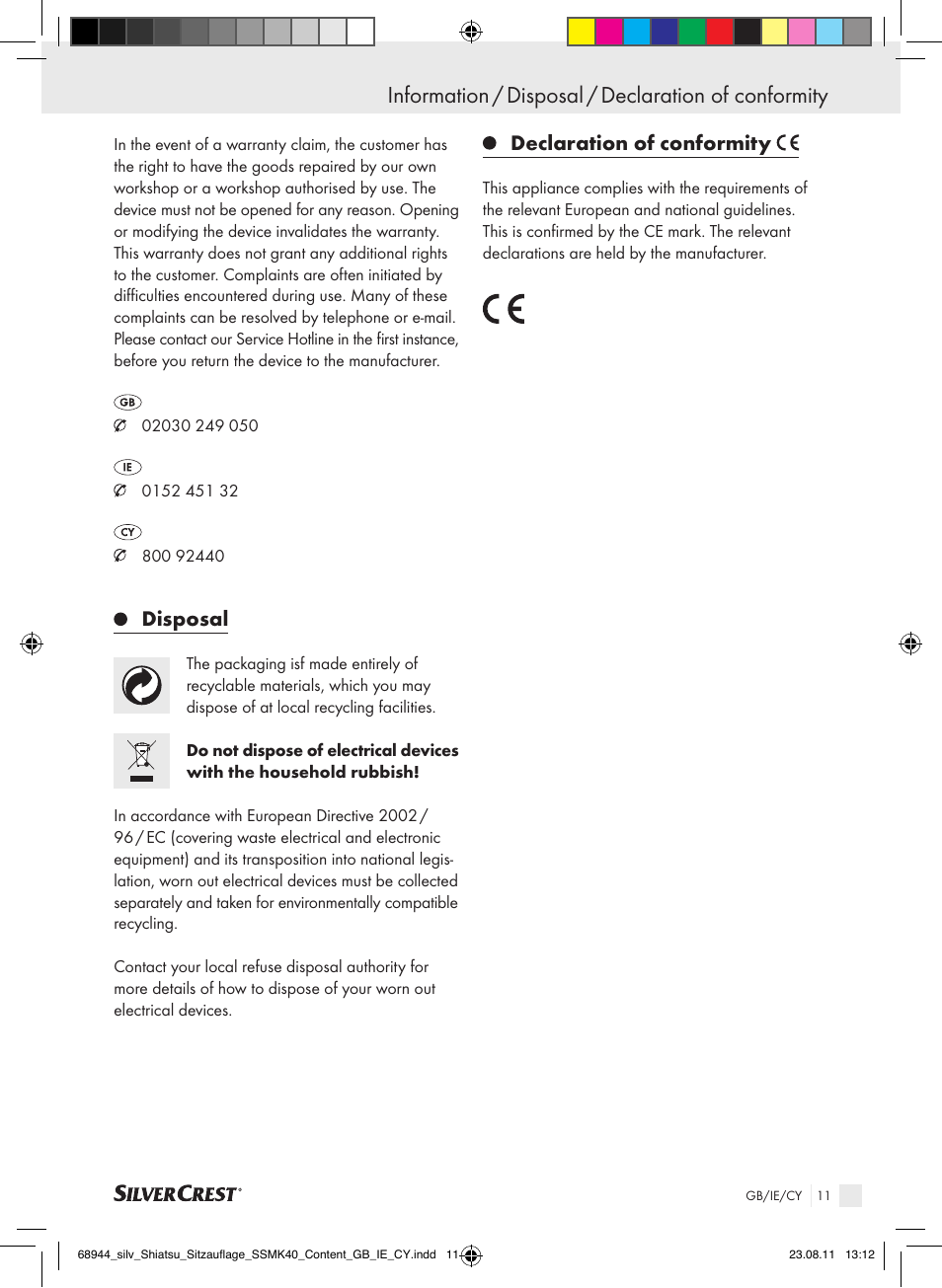 Information / disposal / declaration of conformity, Disposal, Declaration of conformity | Silvercrest SSMK 40 B2 User Manual | Page 7 / 16