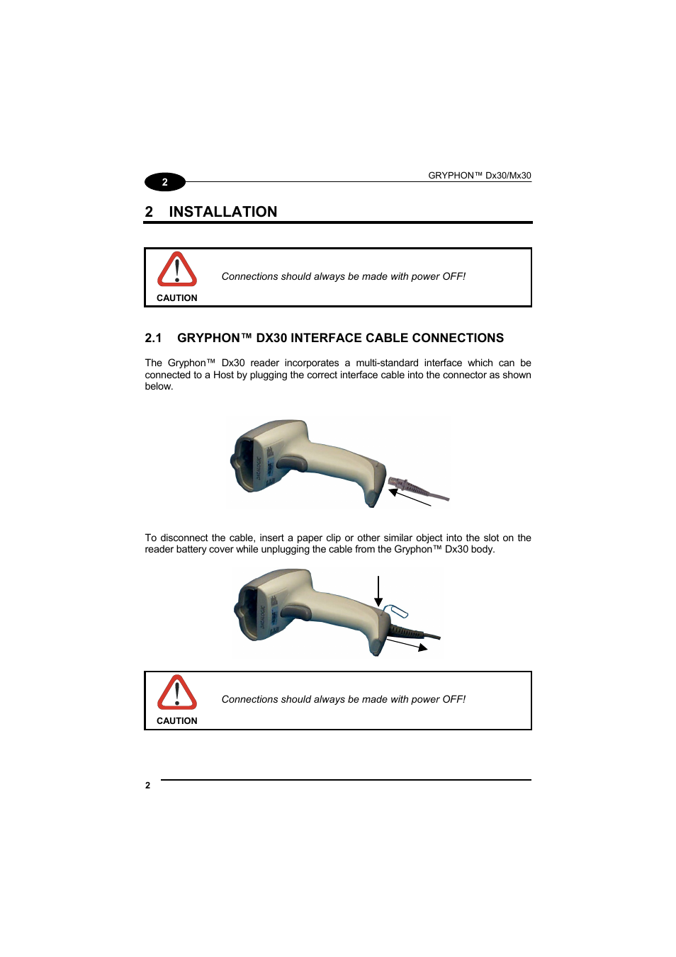 Installation, Gryphon™ dx30 interface cable connections, 2 installation | Datalogic Scanning GRYPHONTM MX30 User Manual | Page 12 / 197