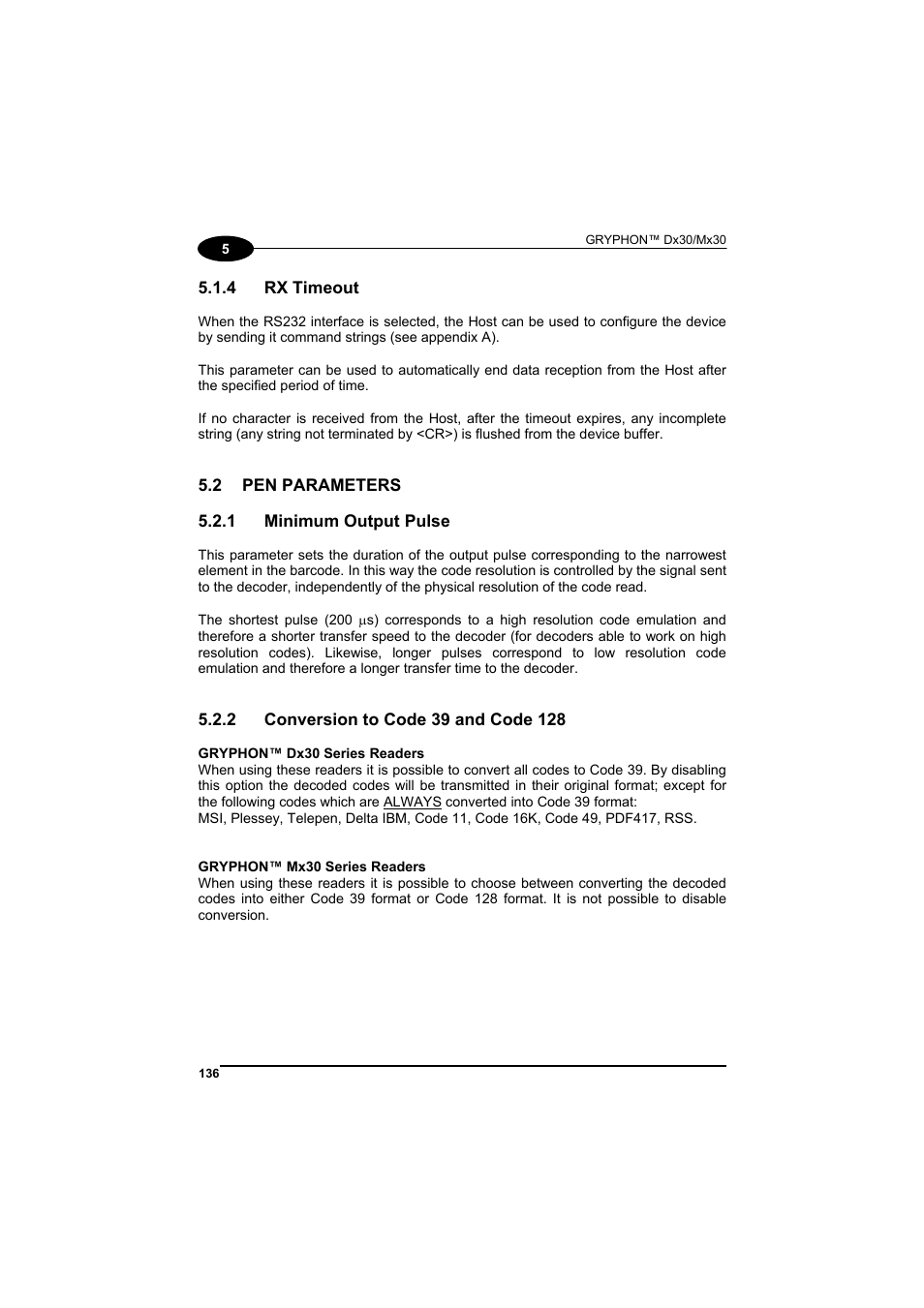 Rx timeout, Pen parameters, Minimum output pulse | Conversion to code 39 and code 128 | Datalogic Scanning GRYPHONTM MX30 User Manual | Page 146 / 197