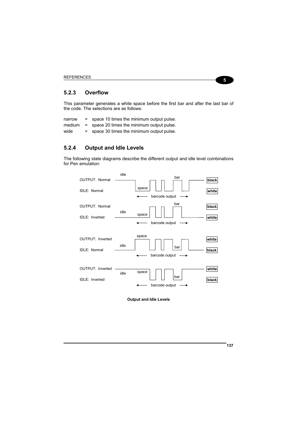 Overflow, Output and idle levels, 3 overflow | 4 output and idle levels | Datalogic Scanning GRYPHONTM MX30 User Manual | Page 147 / 197